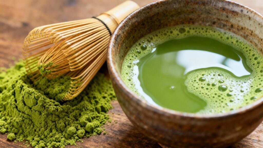 Ceremonial matcha powder and a bowl of frothy green tea.