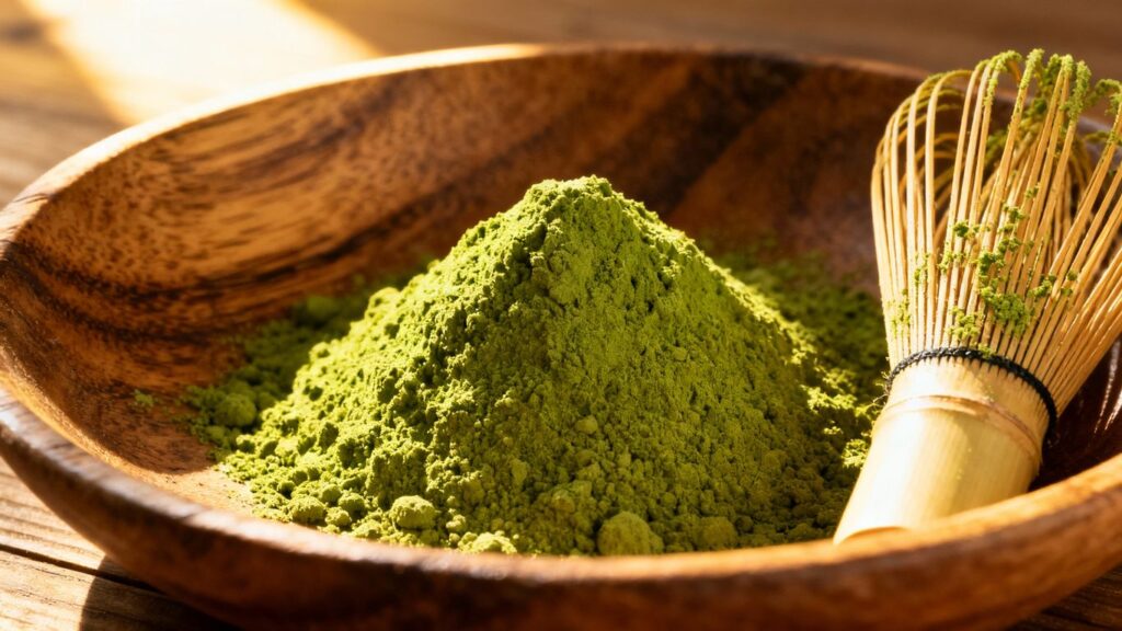 Bulk matcha powder in a wooden bowl with a bamboo whisk.