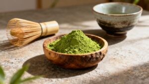 Green matcha powder, whisks, and tea bowl.